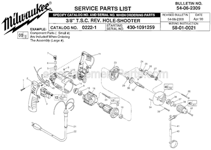 Page A Diagram and Parts List for 0222-1 SER 430-1091259 Milwaukee Electric Drill