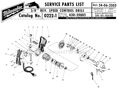 Page A Diagram and Parts List for 0222-1 SER 430-59805 Milwaukee Electric Drill