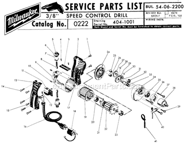 Page A Diagram and Parts List for 0222 SER 404-1001 Milwaukee Electric Drill