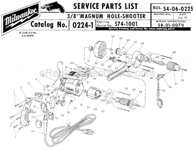 Page A Diagram and Parts List for 0224-1 SER 574-1001 Milwaukee Electric Drill