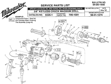 Page A Diagram and Parts List for 0225-1 SER 796-1001 Milwaukee Electric Drill