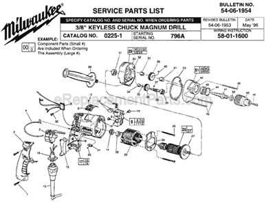Page A Diagram and Parts List for 0225-1 SER 796A Milwaukee Electric Drill
