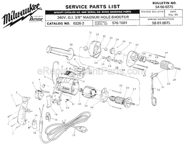 Page A Diagram and Parts List for 0226-3 SER 576-1001 Milwaukee Electric Drill