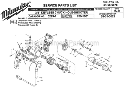 Page A Diagram and Parts List for 0229-1 SER 820-1001 Milwaukee Electric Drill