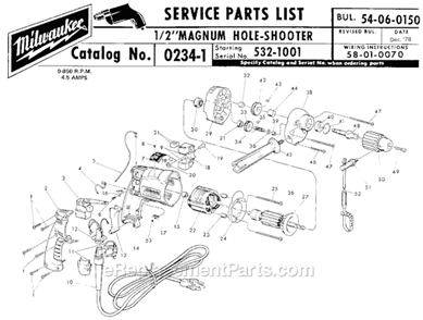 Page A Diagram and Parts List for 0234-1 SER 532-1001 Milwaukee Electric Drill