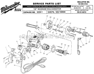 Page A Diagram and Parts List for 0234-1 SER 532-100500 Milwaukee Electric Drill