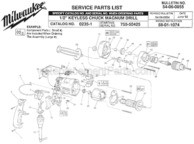 Page A Diagram and Parts List for 0235-1 SER 755-50425 Milwaukee Electric Drill