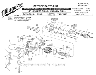 Page A Diagram and Parts List for 0235-1 SER 755-70423 Milwaukee Electric Drill