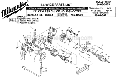 Page A Diagram and Parts List for 0239-1 SER 756-12991 Milwaukee Electric Drill