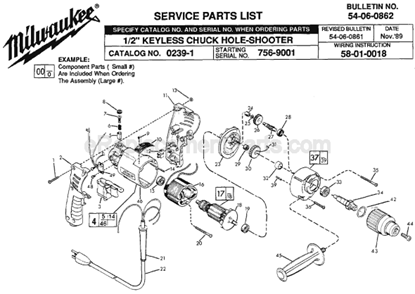 Page A Diagram and Parts List for 0239-1 SER 756-9001 Milwaukee Electric Drill