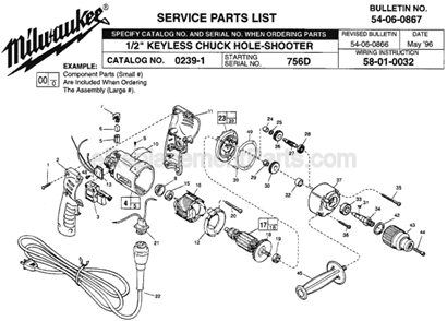 Page A Diagram and Parts List for 0239-1 SER 756D Milwaukee Electric Drill