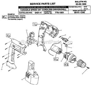 Page A Diagram and Parts List for 0401-4 SER 778-1001 Milwaukee Cordless Drill
