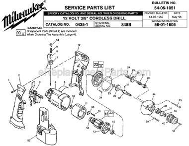 Page A Diagram and Parts List for 0435-1 SER 848B Milwaukee Cordless Drill