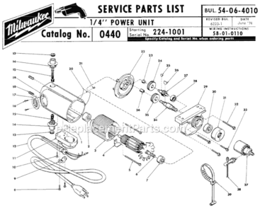 Page A Diagram and Parts List for 0440 SER 224-1001 Milwaukee Charger