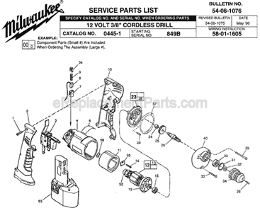 Page A Diagram and Parts List for 0445-1 SER 849B Milwaukee Cordless Drill