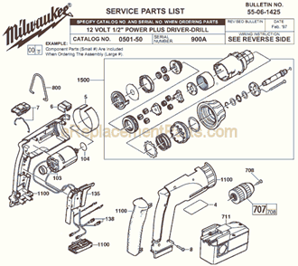 Page A Diagram and Parts List for 0501-50 SER 900A Milwaukee Cordless Drill