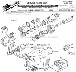 Page A Diagram and Parts List for 0502-02 SER 901A Milwaukee Cordless Drill