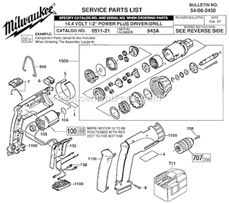 Page A Diagram and Parts List for 0511-21 SER 943A Milwaukee Cordless Drill