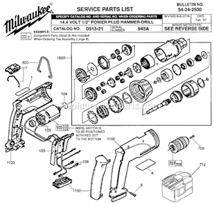 Page A Diagram and Parts List for 0513-21 SER 945A Milwaukee Cordless Drill