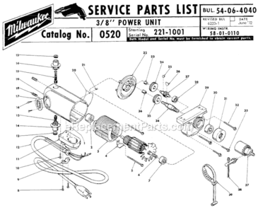 Page A Diagram and Parts List for 0520 SER 221-1001 Milwaukee Charger