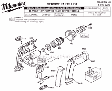 Page A Diagram and Parts List for 0521-20 SER 951A Milwaukee Cordless Drill