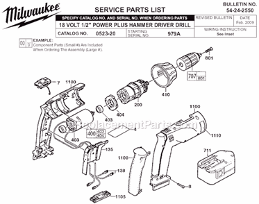 Page A Diagram and Parts List for 0523-20 SER 979A Milwaukee Cordless Drill