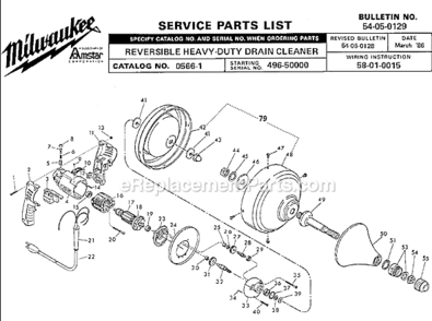 Page A Diagram and Parts List for 0566-1 SER 496-50000 Milwaukee Drain Cleaner