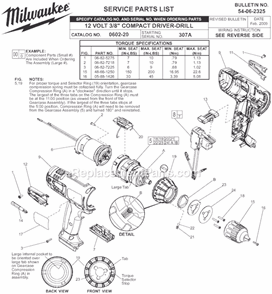Page A Diagram and Parts List for 0602-22 SER 307A Milwaukee Cordless Drill