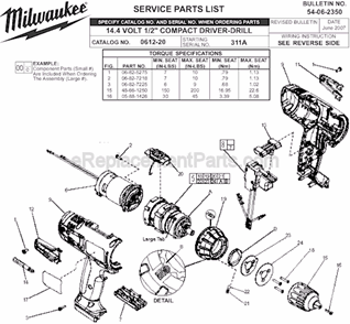 Page A Diagram and Parts List for 0612-20 SER 311A Milwaukee Cordless Drill