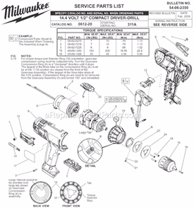 Page A Diagram and Parts List for 0612-22 SER 311A Milwaukee Cordless Drill