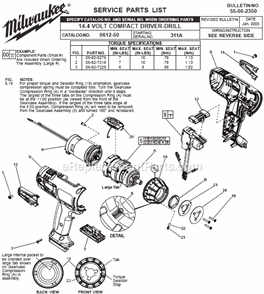 Page A Diagram and Parts List for 0612-50 SER 311A Milwaukee Cordless Drill