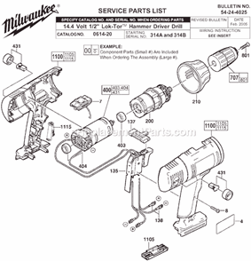 Page A Diagram and Parts List for 0614-20 SER 314A and 314B Milwaukee Cordless Drill