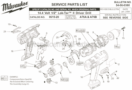 Page A Diagram and Parts List for 0615-20 SER A76A Milwaukee Cordless Drill