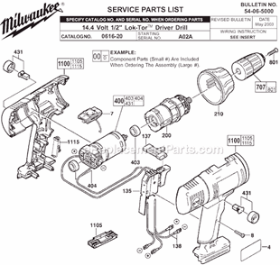Page A Diagram and Parts List for 0616-20 SER A02A Milwaukee Cordless Drill
