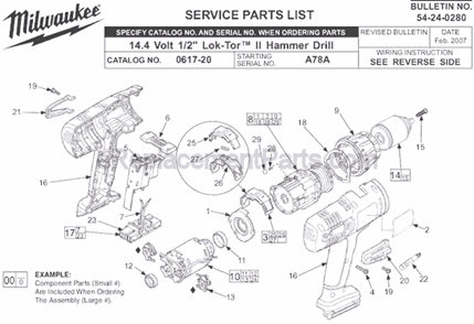 Page A Diagram and Parts List for 0617-20 SER A78A Milwaukee Hammer Drill