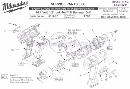 Page A Diagram and Parts List for 0617-20 SER A78B Milwaukee Hammer Drill