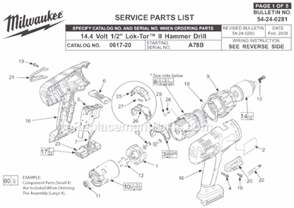 Page A Diagram and Parts List for 0617-24 SER A78B Milwaukee Hammer Drill