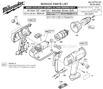 Page A Diagram and Parts List for 0624-20 SER 321A Milwaukee Hammer Drill