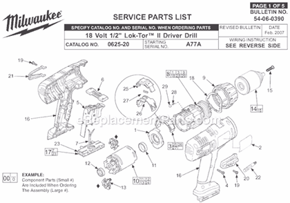 Page A Diagram and Parts List for 0625-24 SER A77A Milwaukee Cordless Drill