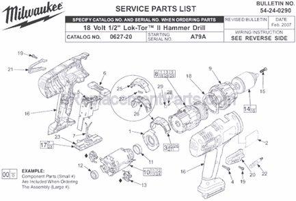 Page A Diagram and Parts List for 0627-20 SER A79A Milwaukee Hammer Drill
