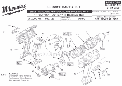 Page A Diagram and Parts List for 0627-24 SER A79A Milwaukee Hammer Drill