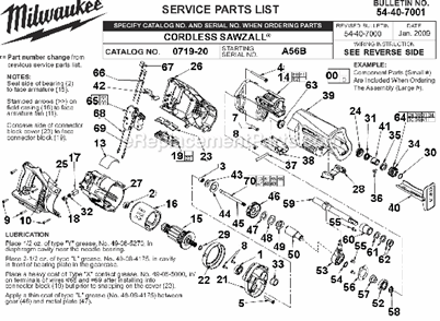 Page A Diagram and Parts List for 0719-22 SER A56B Milwaukee Reciprocating Saw
