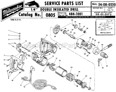 Page A Diagram and Parts List for 0805 SER 484-1001 Milwaukee Electric Drill
