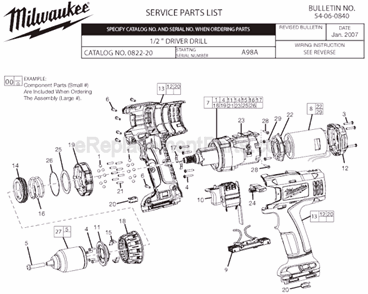 Part Location Diagram of 06-82-1020 Milwaukee Screw Housing