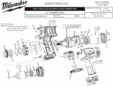 Page A Diagram and Parts List for 0824-20 SER A99A Milwaukee Hammer Drill