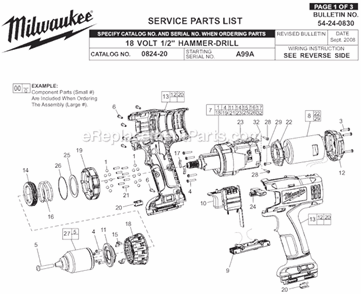 Page A Diagram and Parts List for 0824-24 SER A99A Milwaukee Hammer Drill