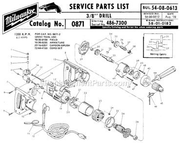 Page A Diagram and Parts List for 0871 SER 486-7300 Milwaukee Electric Drill