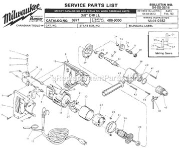 Page A Diagram and Parts List for 0871 SER 486-9000 Milwaukee Electric Drill