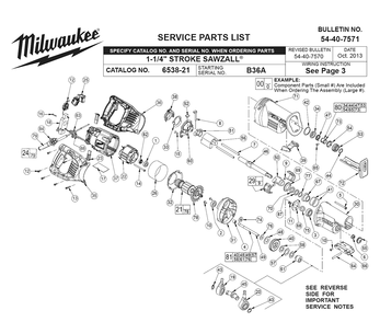 Fig-0 Diagram and Parts List for 6538-21 B36B Milwaukee Reciprocating Saw