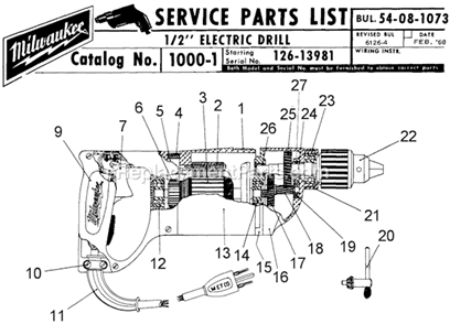 Page A Diagram and Parts List for 1000-1 SER 126-13981 Milwaukee Electric Drill